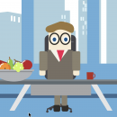 illustration of cartoon figure at desk with bowl of fruit