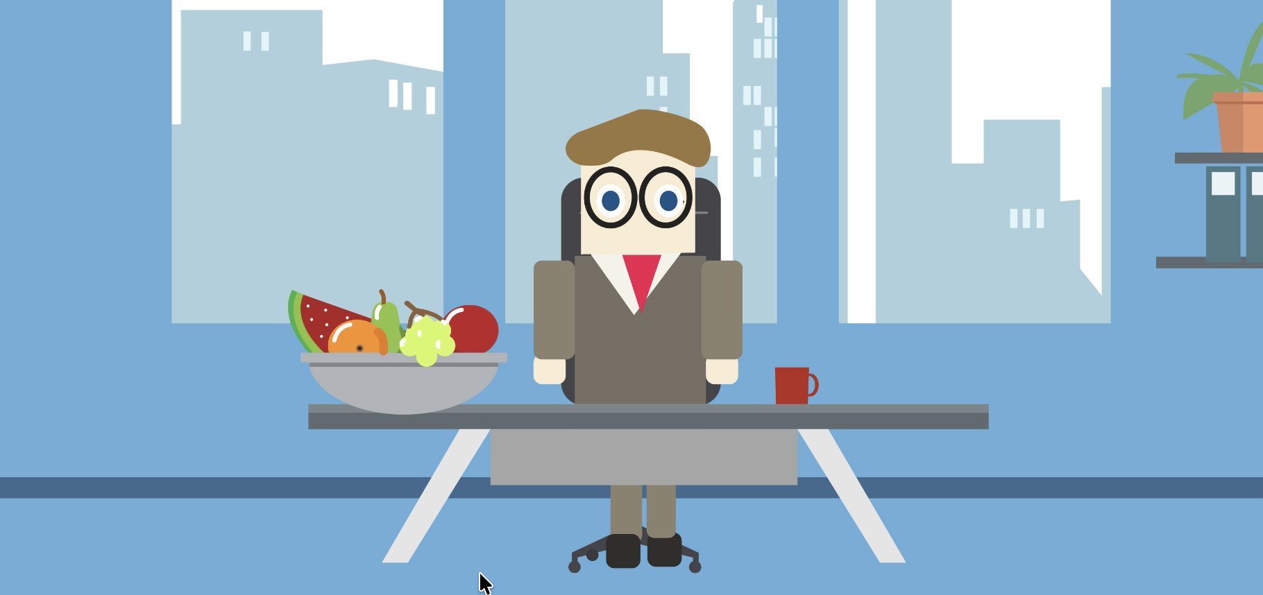 illustration of cartoon figure at desk with bowl of fruit