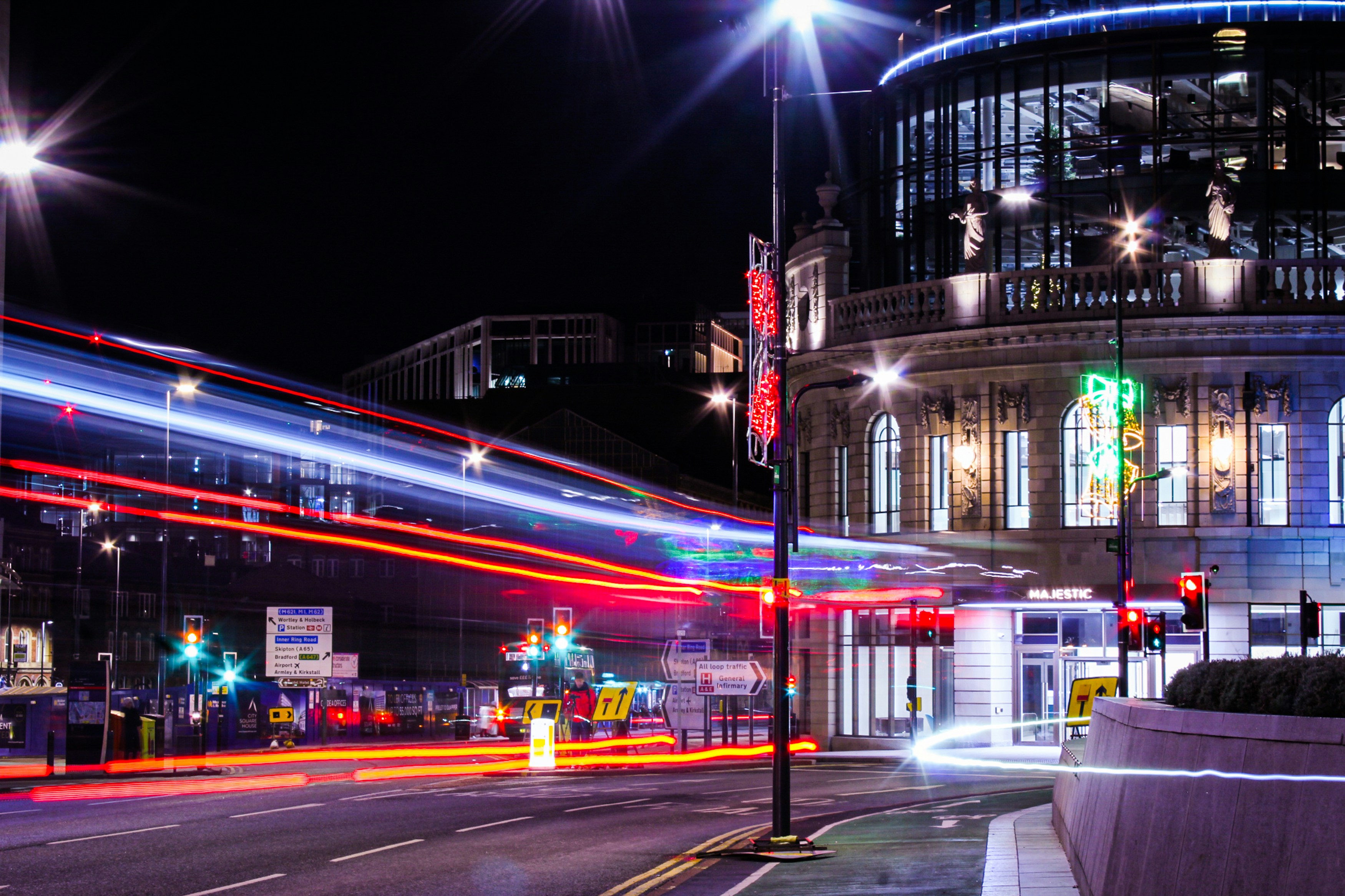 Leeds city lit up at night 