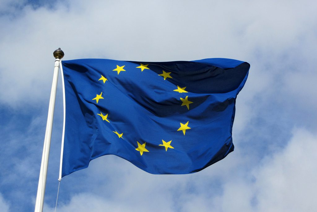 European Union Flag against a blue, non-British sky