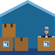 terminator behind boxes in a warehouse