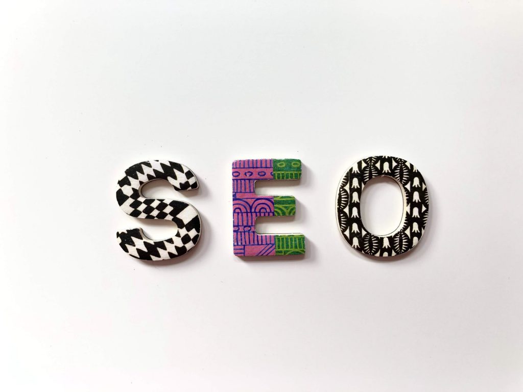 SEO spelled in patterned letters