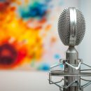 grey microphone with colourful background
