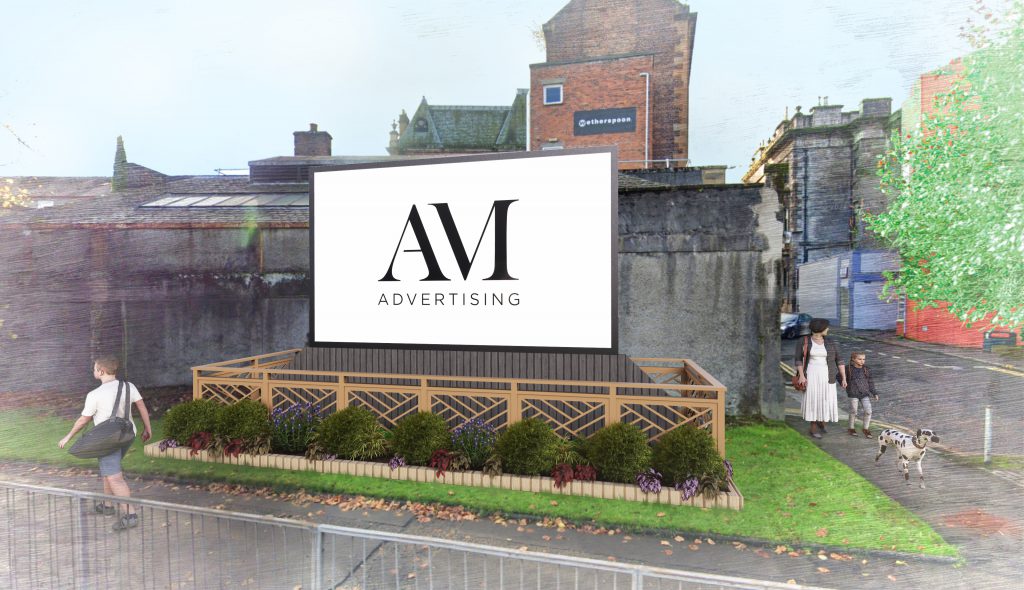 Billboard showing AM advertising logo