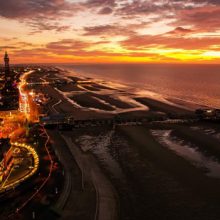 nightime aerial view of Blackpool front