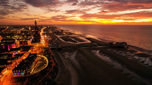 nightime aerial view of Blackpool front 