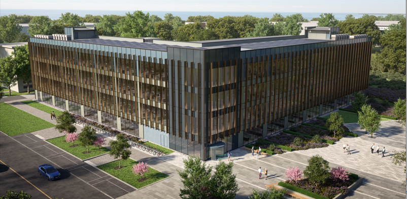 aerial view of campus building 