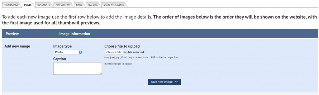 page showing add image information