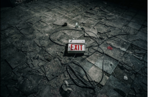 an exit sign sitting in a pile of rubble