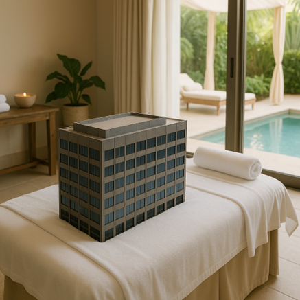 an office block sat on a spa bed