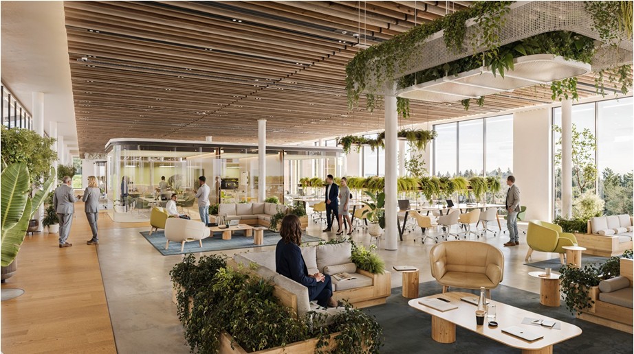 breakout space with seating areas and plant displays