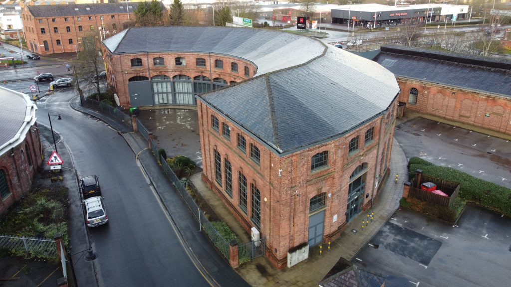 aerial view of a large office building 