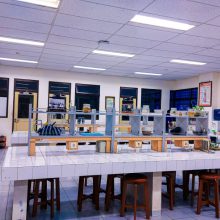 row of laboratory desks