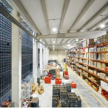 interior of a warehouse with racks of goods