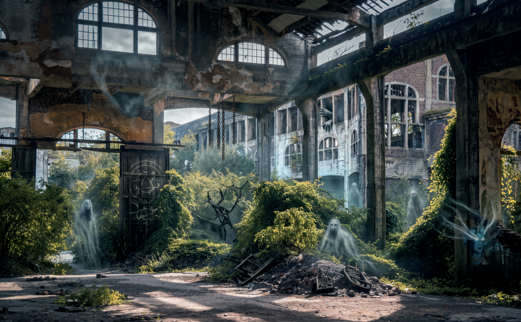 ghostly figures among a ruined industrial unit